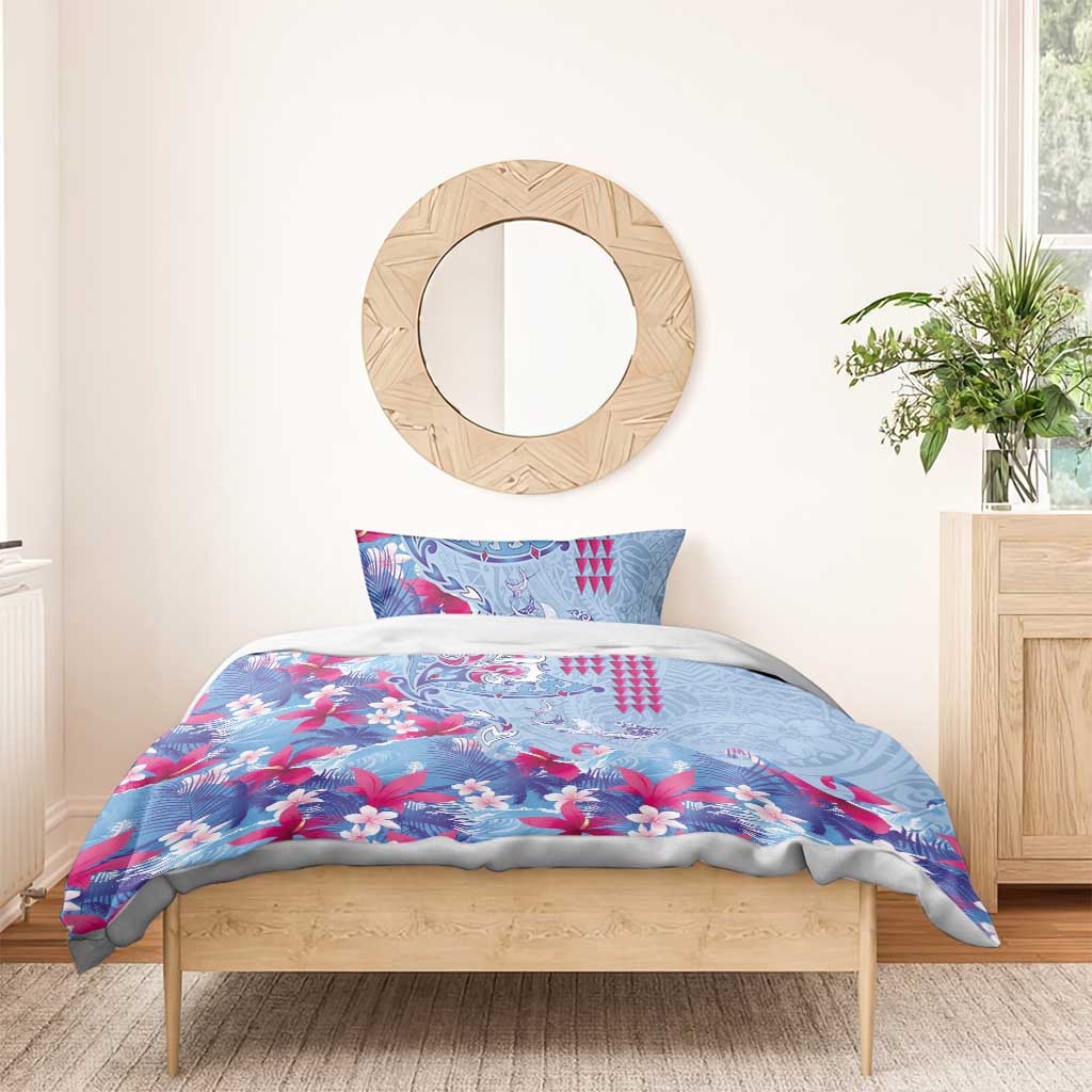 Hawaiian Tribal Manta Ray Bedding Set Kakau Tattoo and Flowers Surfing Waves Pattern Soft Color