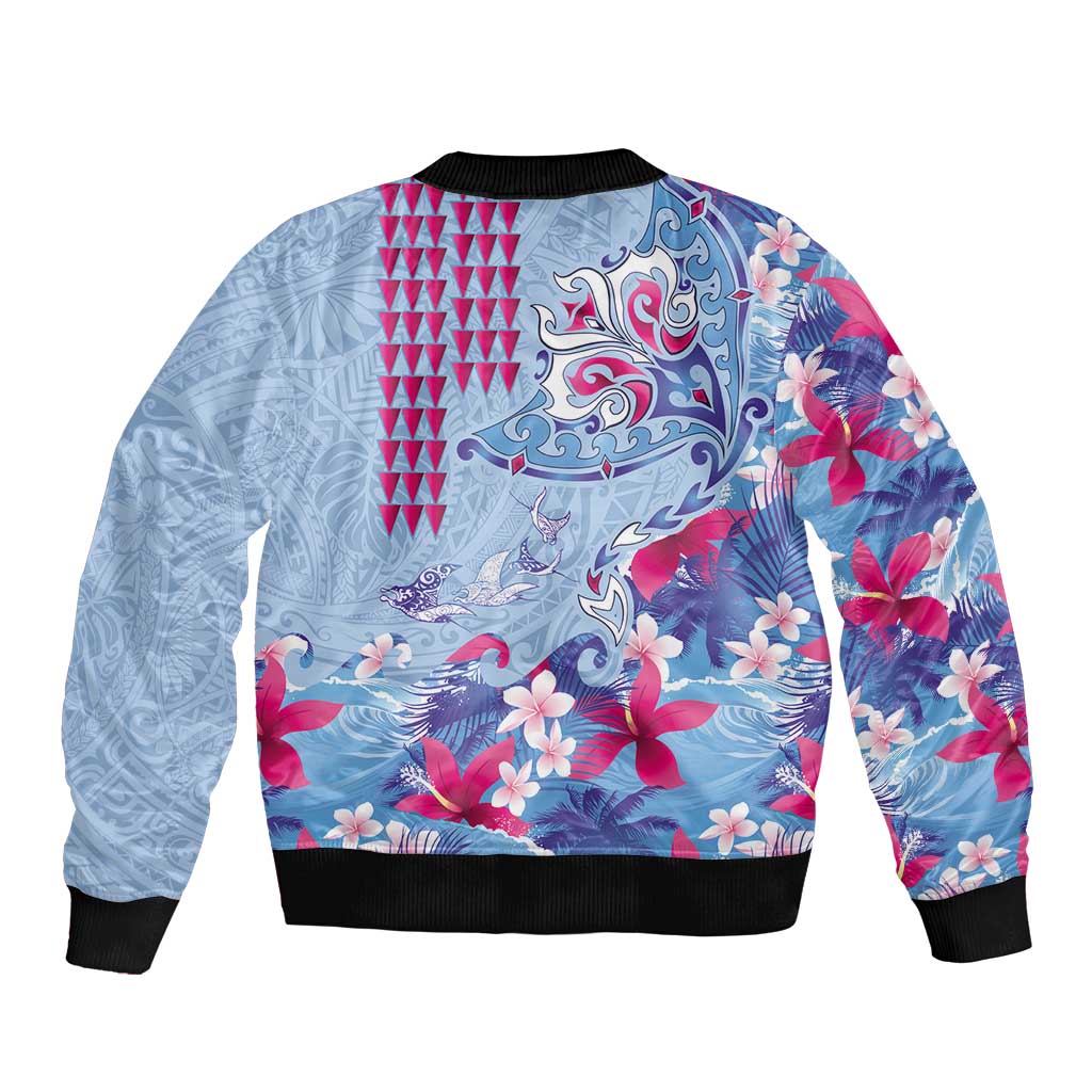 Hawaiian Tribal Manta Ray Bomber Jacket Kakau Tattoo and Flowers Surfing Waves Pattern Soft Color