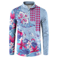 Hawaiian Tribal Manta Ray Button Sweatshirt Kakau Tattoo and Flowers Surfing Waves Pattern Soft Color