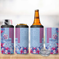Hawaiian Tribal Manta Ray 4 in 1 Can Cooler Tumbler Kakau Tattoo and Flowers Surfing Waves Pattern Soft Color