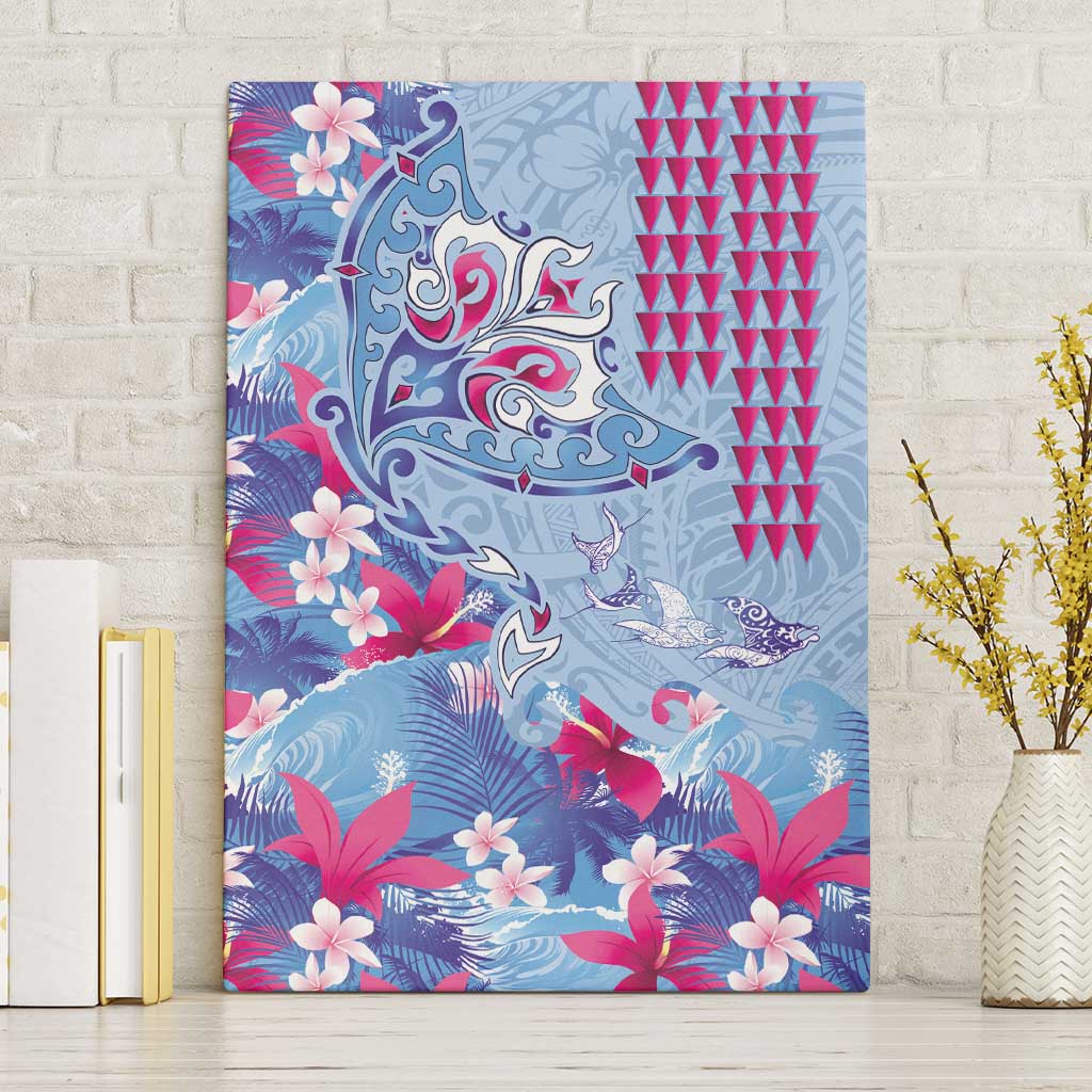 Hawaiian Tribal Manta Ray Canvas Wall Art Kakau Tattoo and Flowers Surfing Waves Pattern Soft Color LT03 Without Frame Multicolor - Polynesian Pride