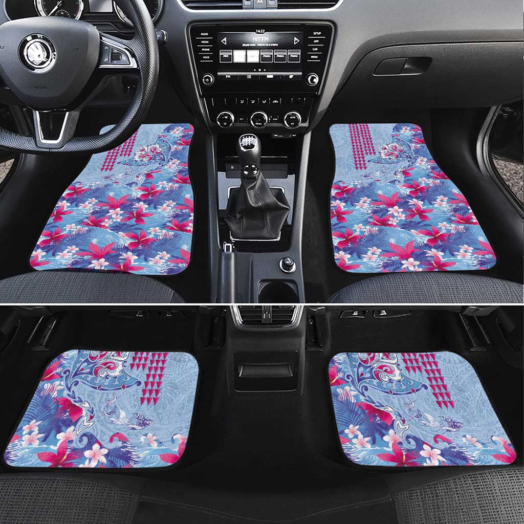 Hawaiian Tribal Manta Ray Car Mats Kakau Tattoo and Flowers Surfing Waves Pattern Soft Color LT03 Set 4pcs Multicolor - Polynesian Pride