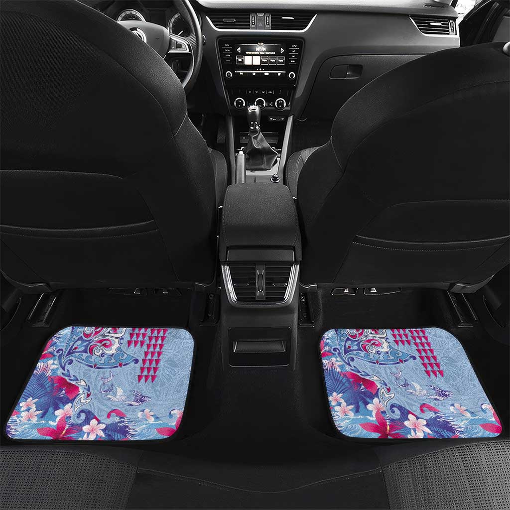 Hawaiian Tribal Manta Ray Car Mats Kakau Tattoo and Flowers Surfing Waves Pattern Soft Color LT03 Set 2pcs - Back Multicolor - Polynesian Pride