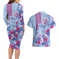 Hawaiian Tribal Manta Ray Couples Matching Long Sleeve Bodycon Dress and Hawaiian Shirt Kakau Tattoo and Flowers Surfing Waves Pattern Soft Color