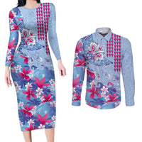 Hawaiian Tribal Manta Ray Couples Matching Long Sleeve Bodycon Dress and Long Sleeve Button Shirt Kakau Tattoo and Flowers Surfing Waves Pattern Soft Color