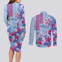 Hawaiian Tribal Manta Ray Couples Matching Long Sleeve Bodycon Dress and Long Sleeve Button Shirt Kakau Tattoo and Flowers Surfing Waves Pattern Soft Color