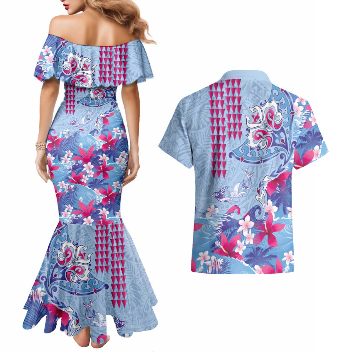 Hawaiian Tribal Manta Ray Couples Matching Mermaid Dress and Hawaiian Shirt Kakau Tattoo and Flowers Surfing Waves Pattern Soft Color