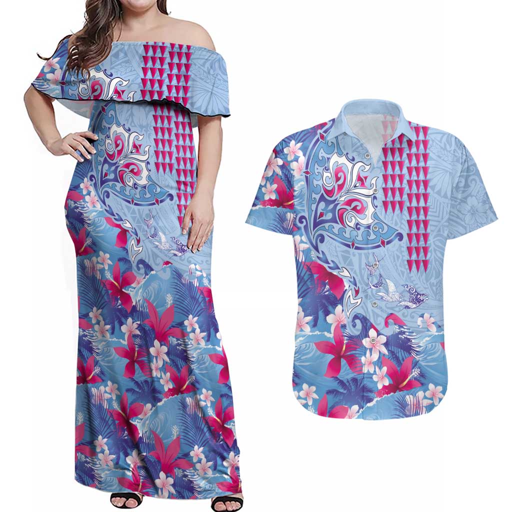 Hawaiian Tribal Manta Ray Couples Matching Off Shoulder Maxi Dress and Hawaiian Shirt Kakau Tattoo and Flowers Surfing Waves Pattern Soft Color