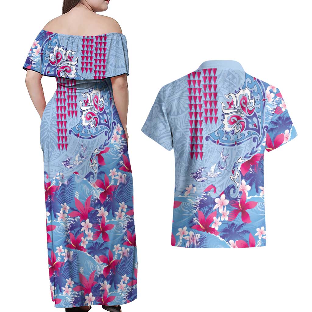 Hawaiian Tribal Manta Ray Couples Matching Off Shoulder Maxi Dress and Hawaiian Shirt Kakau Tattoo and Flowers Surfing Waves Pattern Soft Color