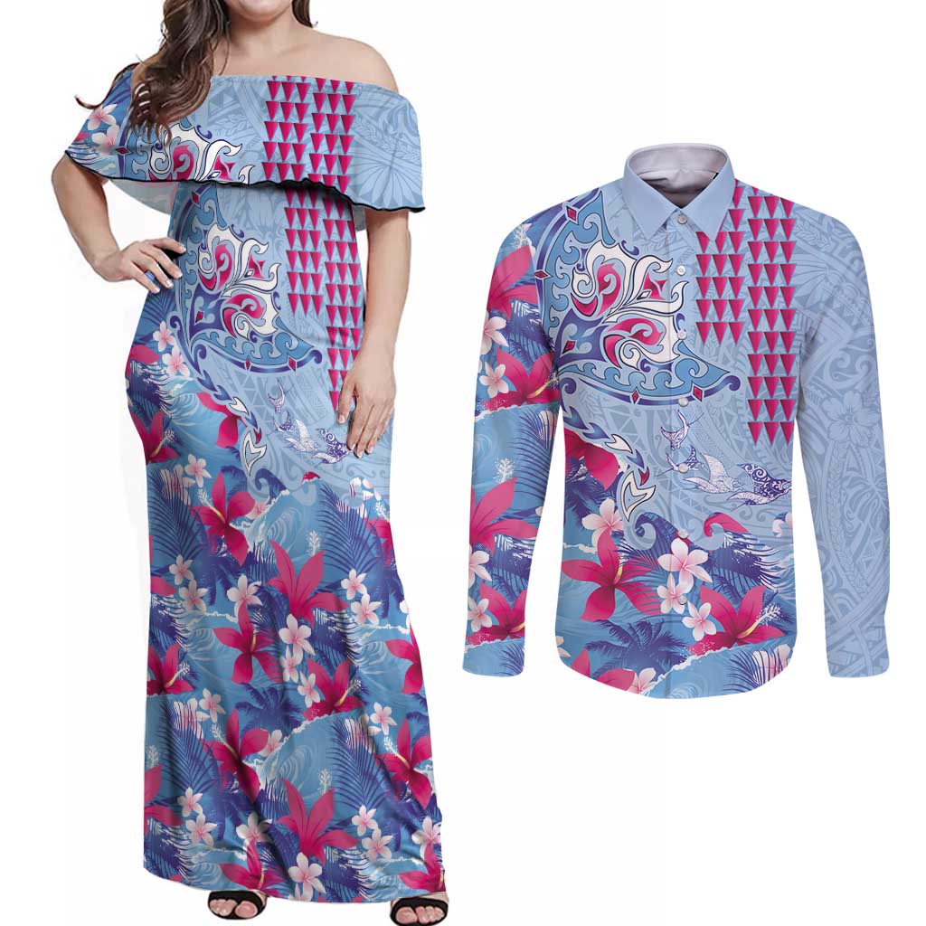 Hawaiian Tribal Manta Ray Couples Matching Off Shoulder Maxi Dress and Long Sleeve Button Shirt Kakau Tattoo and Flowers Surfing Waves Pattern Soft Color