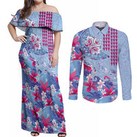Hawaiian Tribal Manta Ray Couples Matching Off Shoulder Maxi Dress and Long Sleeve Button Shirt Kakau Tattoo and Flowers Surfing Waves Pattern Soft Color