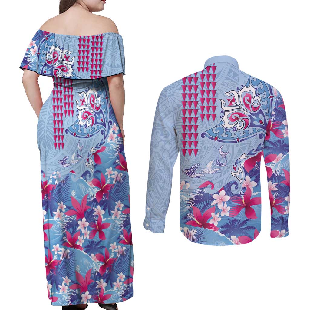 Hawaiian Tribal Manta Ray Couples Matching Off Shoulder Maxi Dress and Long Sleeve Button Shirt Kakau Tattoo and Flowers Surfing Waves Pattern Soft Color