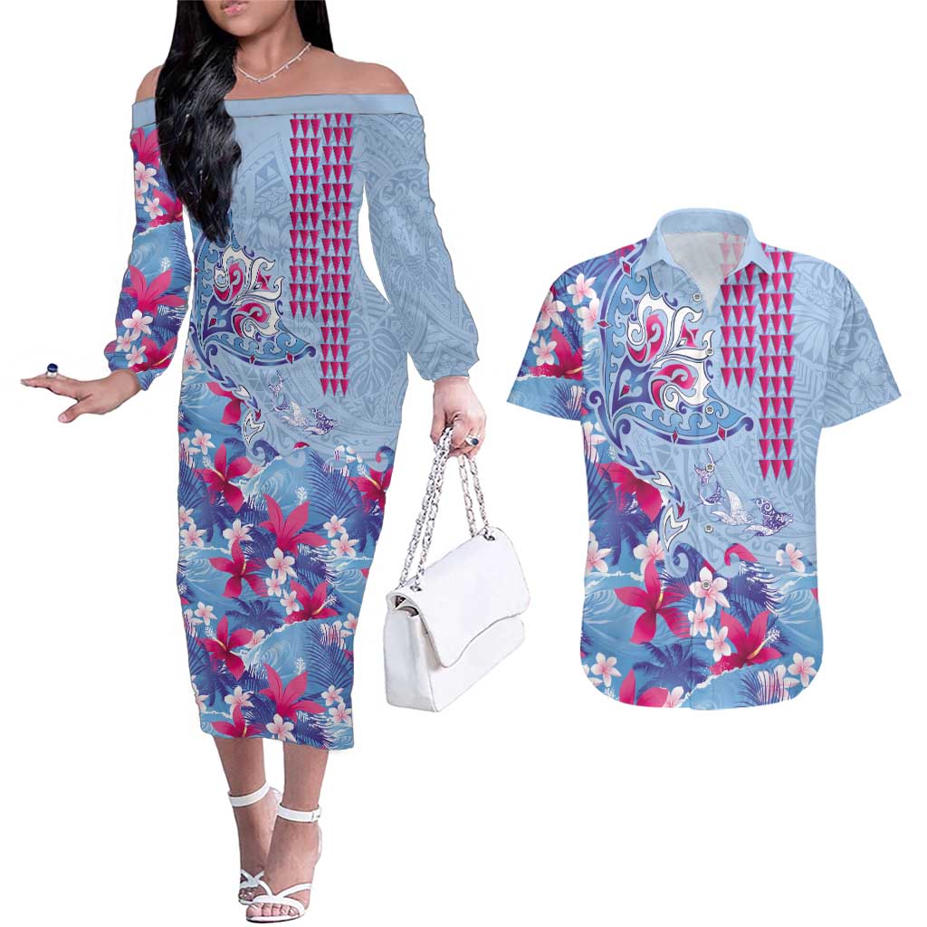 Hawaiian Tribal Manta Ray Couples Matching Off The Shoulder Long Sleeve Dress and Hawaiian Shirt Kakau Tattoo and Flowers Surfing Waves Pattern Soft Color