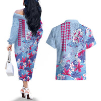 Hawaiian Tribal Manta Ray Couples Matching Off The Shoulder Long Sleeve Dress and Hawaiian Shirt Kakau Tattoo and Flowers Surfing Waves Pattern Soft Color