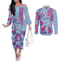 Hawaiian Tribal Manta Ray Couples Matching Off The Shoulder Long Sleeve Dress and Long Sleeve Button Shirt Kakau Tattoo and Flowers Surfing Waves Pattern Soft Color