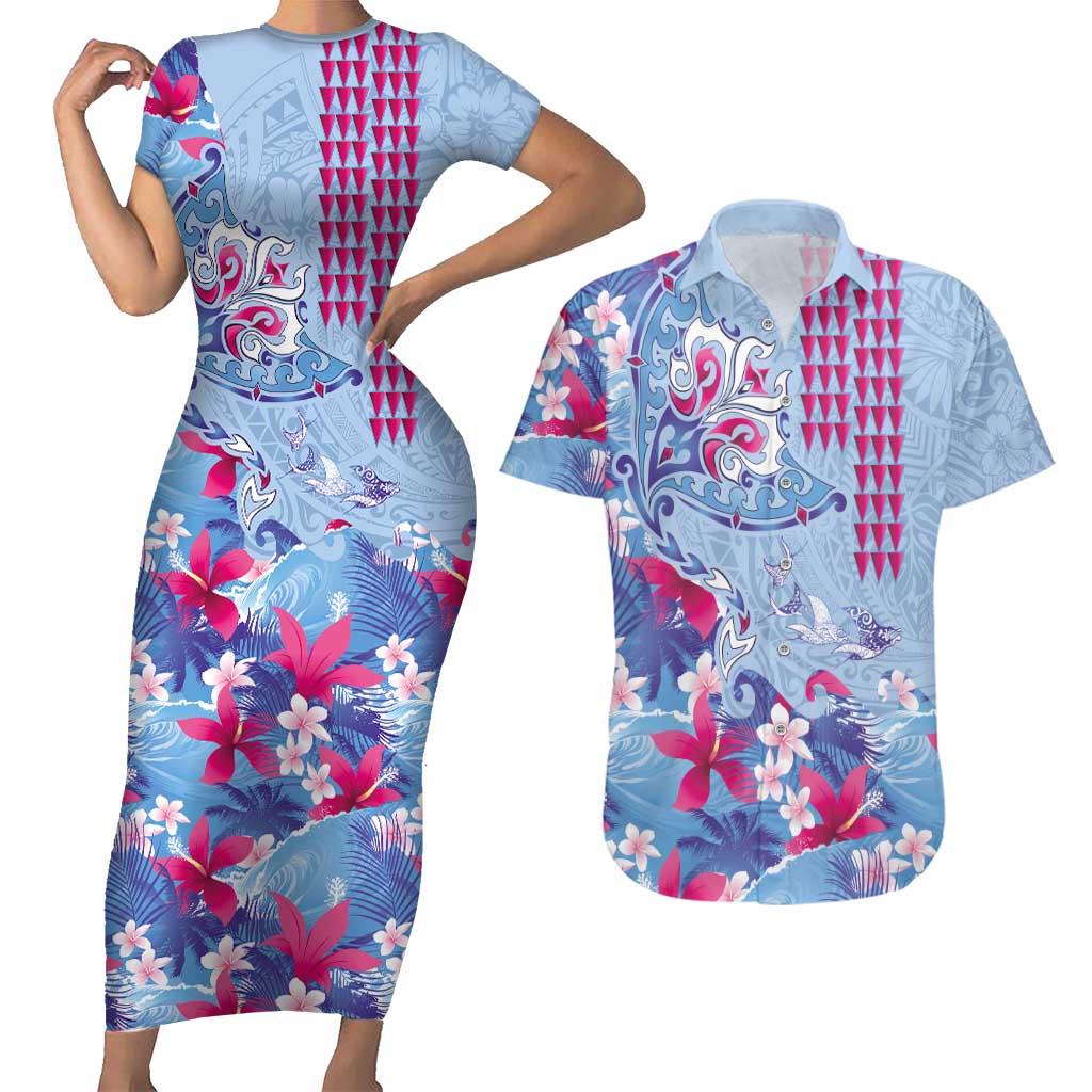 Hawaiian Tribal Manta Ray Couples Matching Short Sleeve Bodycon Dress and Hawaiian Shirt Kakau Tattoo and Flowers Surfing Waves Pattern Soft Color