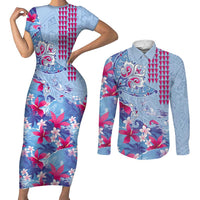 Hawaiian Tribal Manta Ray Couples Matching Short Sleeve Bodycon Dress and Long Sleeve Button Shirt Kakau Tattoo and Flowers Surfing Waves Pattern Soft Color