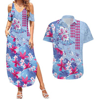 Hawaiian Tribal Manta Ray Couples Matching Summer Maxi Dress and Hawaiian Shirt Kakau Tattoo and Flowers Surfing Waves Pattern Soft Color