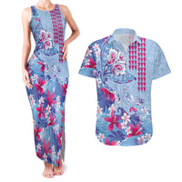 Hawaiian Tribal Manta Ray Couples Matching Tank Maxi Dress and Hawaiian Shirt Kakau Tattoo and Flowers Surfing Waves Pattern Soft Color