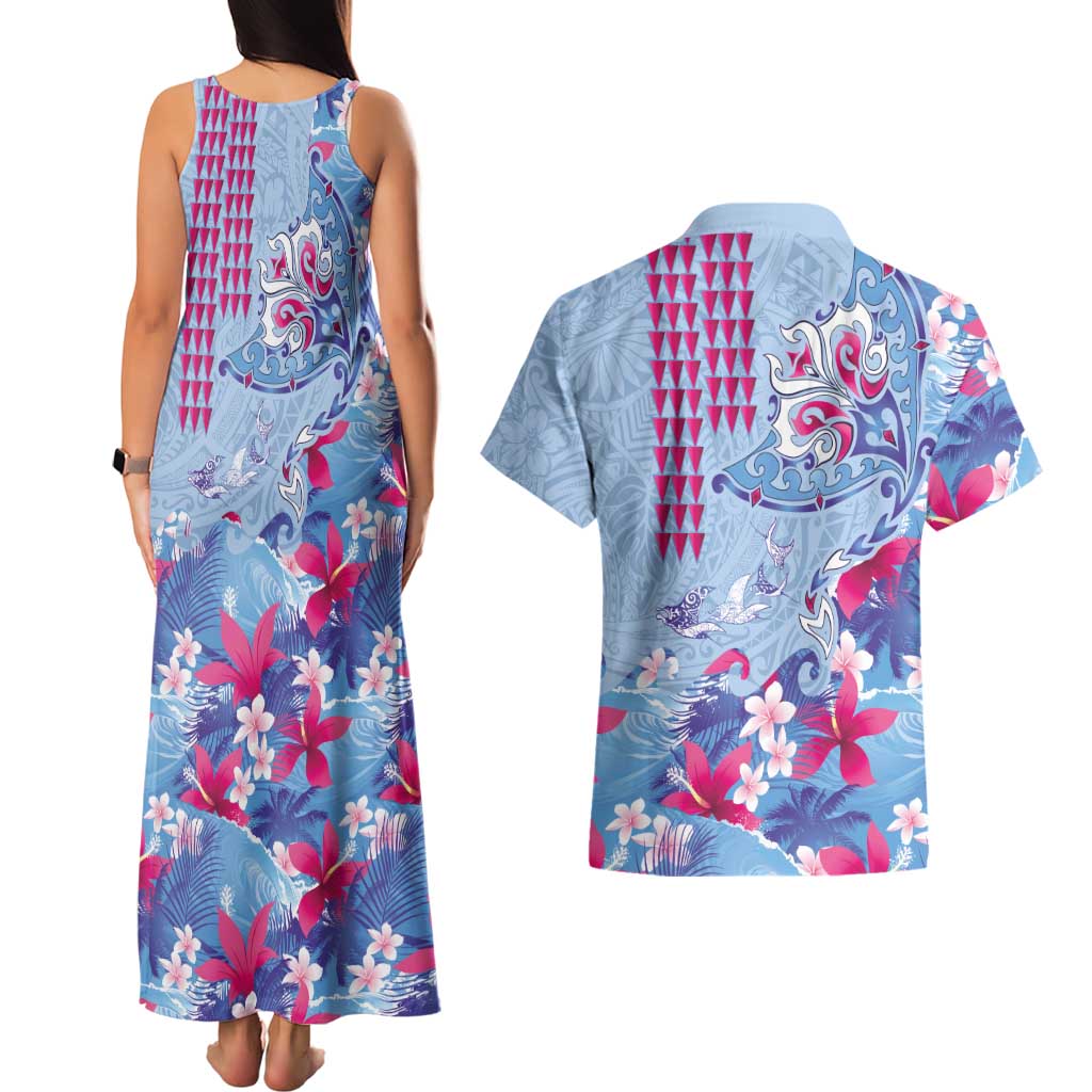 Hawaiian Tribal Manta Ray Couples Matching Tank Maxi Dress and Hawaiian Shirt Kakau Tattoo and Flowers Surfing Waves Pattern Soft Color