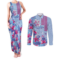Hawaiian Tribal Manta Ray Couples Matching Tank Maxi Dress and Long Sleeve Button Shirt Kakau Tattoo and Flowers Surfing Waves Pattern Soft Color