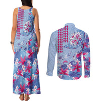 Hawaiian Tribal Manta Ray Couples Matching Tank Maxi Dress and Long Sleeve Button Shirt Kakau Tattoo and Flowers Surfing Waves Pattern Soft Color