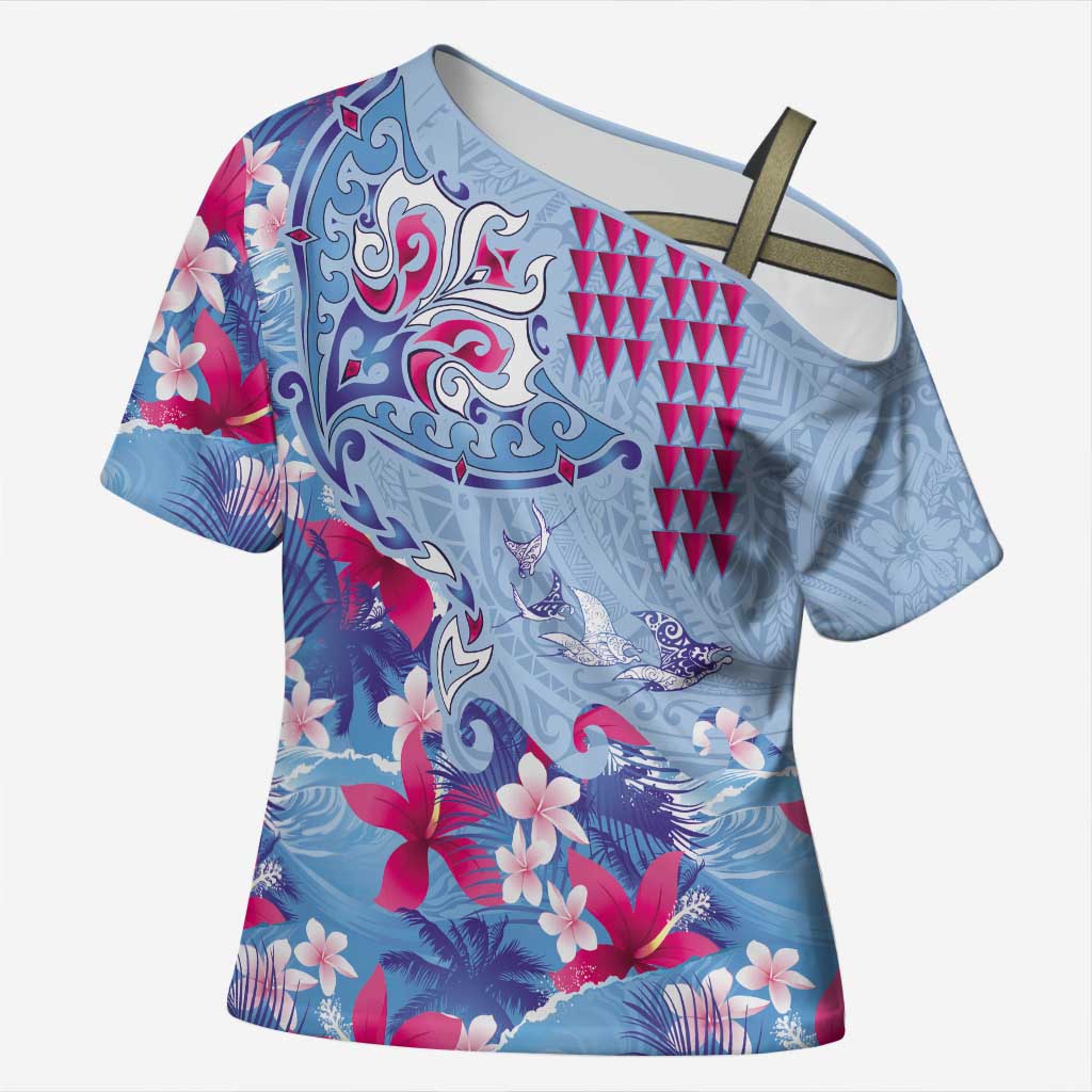 Hawaiian Tribal Manta Ray Cross Shoulder Shirt Kakau Tattoo and Flowers Surfing Waves Pattern Soft Color