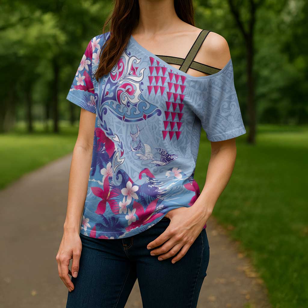 Hawaiian Tribal Manta Ray Cross Shoulder Shirt Kakau Tattoo and Flowers Surfing Waves Pattern Soft Color