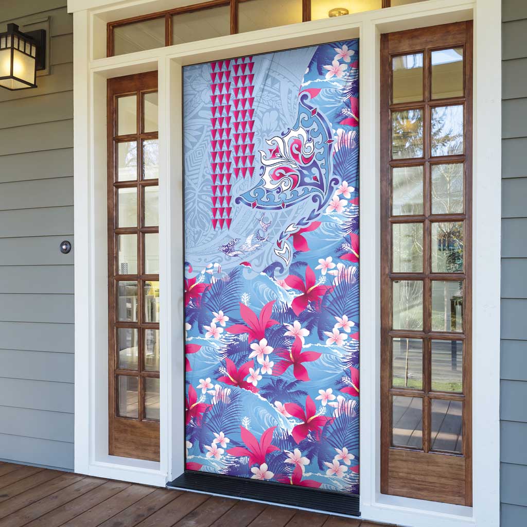 Hawaiian Tribal Manta Ray Door Cover Kakau Tattoo and Flowers Surfing Waves Pattern Soft Color LT03 - Polynesian Pride