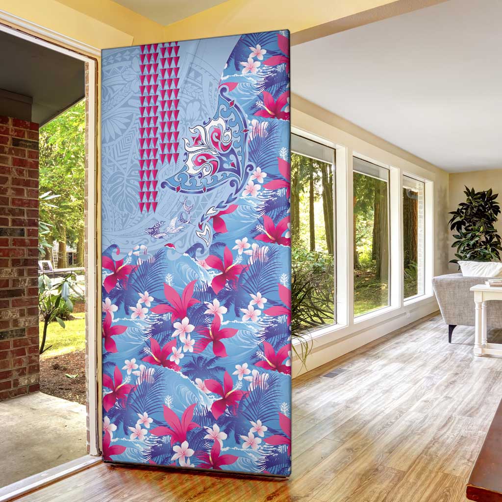 Hawaiian Tribal Manta Ray Door Cover Kakau Tattoo and Flowers Surfing Waves Pattern Soft Color LT03 - Polynesian Pride