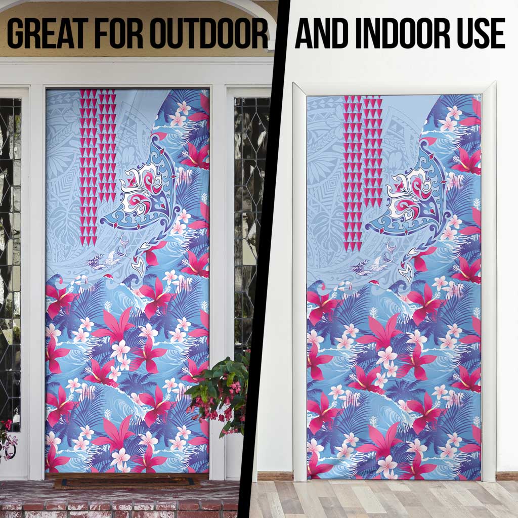 Hawaiian Tribal Manta Ray Door Cover Kakau Tattoo and Flowers Surfing Waves Pattern Soft Color LT03 - Polynesian Pride