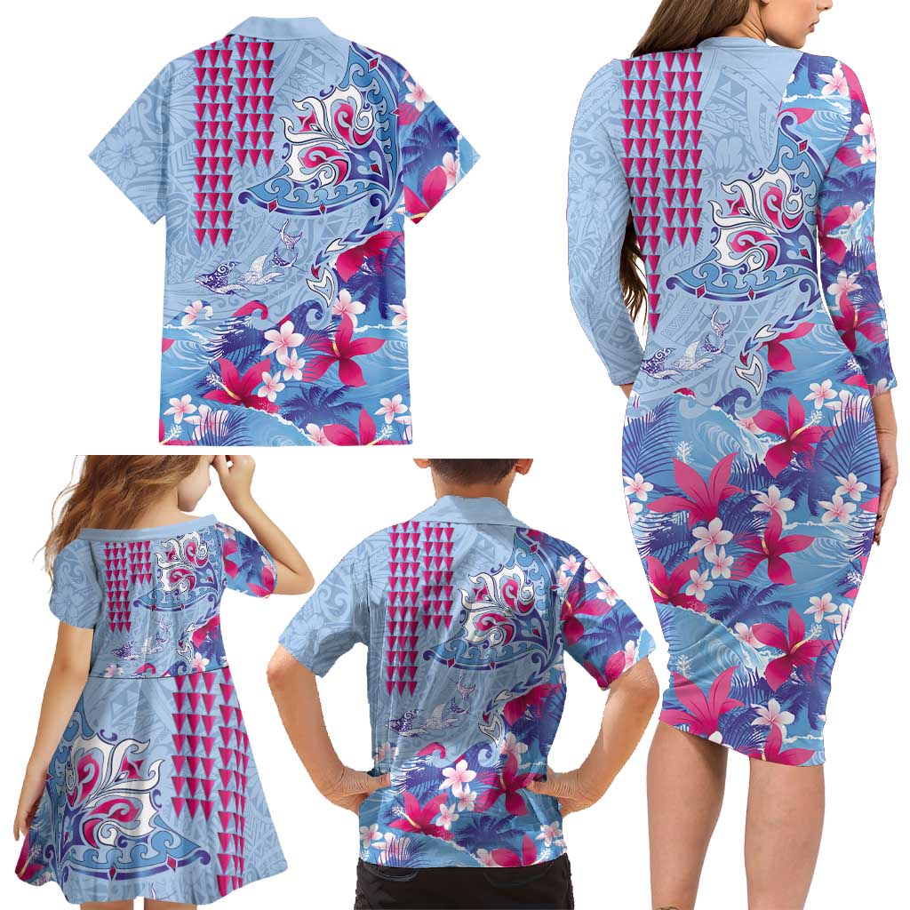 Hawaiian Tribal Manta Ray Family Matching Long Sleeve Bodycon Dress and Hawaiian Shirt Kakau Tattoo and Flowers Surfing Waves Pattern Soft Color