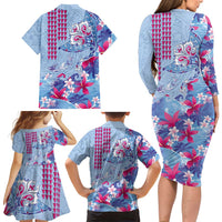 Hawaiian Tribal Manta Ray Family Matching Long Sleeve Bodycon Dress and Hawaiian Shirt Kakau Tattoo and Flowers Surfing Waves Pattern Soft Color