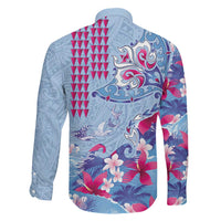 Hawaiian Tribal Manta Ray Family Matching Long Sleeve Bodycon Dress and Hawaiian Shirt Kakau Tattoo and Flowers Surfing Waves Pattern Soft Color