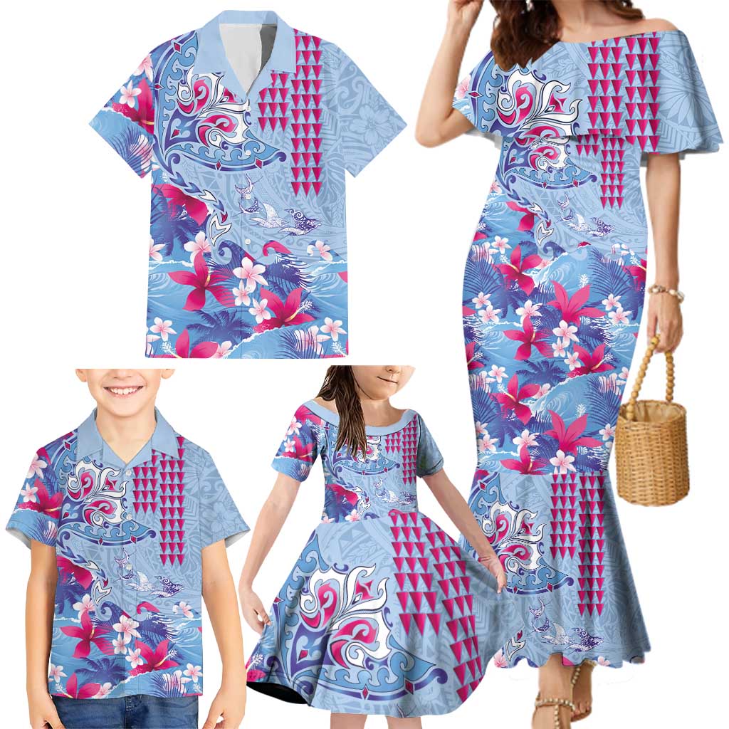 Hawaiian Tribal Manta Ray Family Matching Mermaid Dress and Hawaiian Shirt Kakau Tattoo and Flowers Surfing Waves Pattern Soft Color