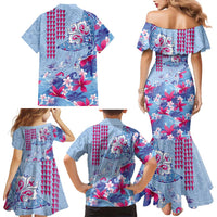 Hawaiian Tribal Manta Ray Family Matching Mermaid Dress and Hawaiian Shirt Kakau Tattoo and Flowers Surfing Waves Pattern Soft Color