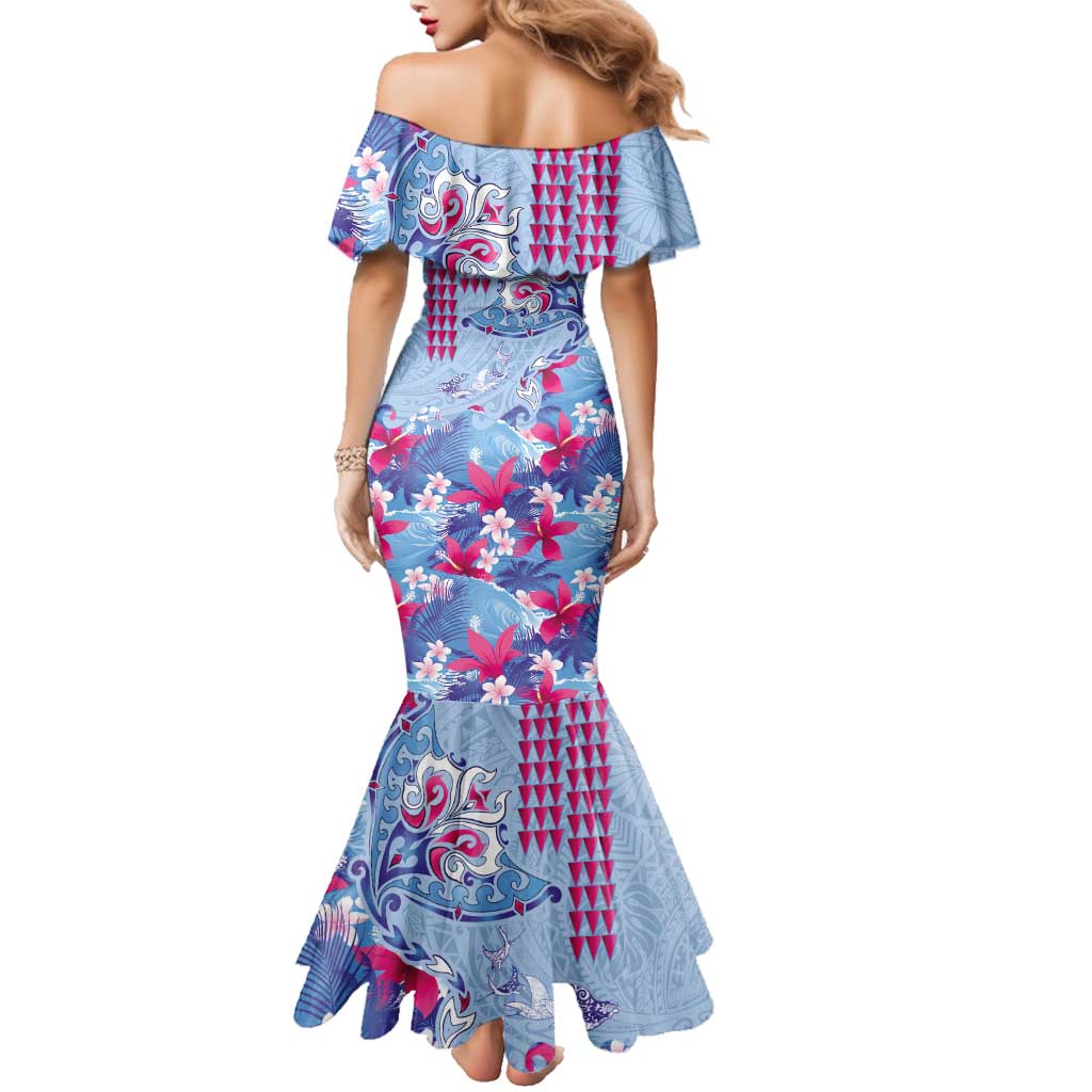 Hawaiian Tribal Manta Ray Family Matching Mermaid Dress and Hawaiian Shirt Kakau Tattoo and Flowers Surfing Waves Pattern Soft Color