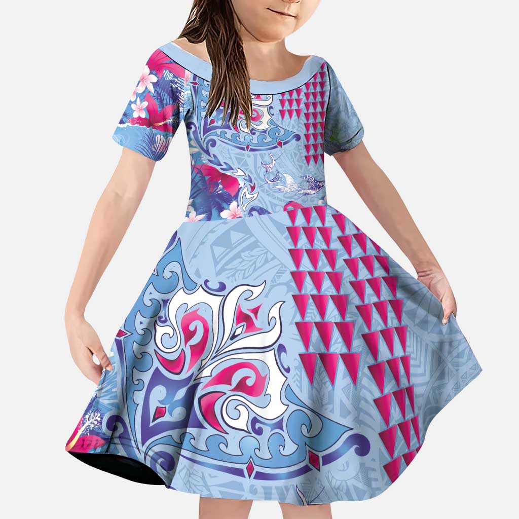 Hawaiian Tribal Manta Ray Family Matching Off The Shoulder Long Sleeve Dress and Hawaiian Shirt Kakau Tattoo and Flowers Surfing Waves Pattern Soft Color