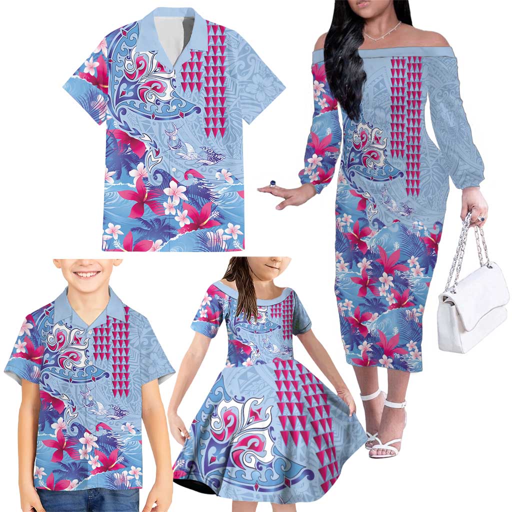 Hawaiian Tribal Manta Ray Family Matching Off The Shoulder Long Sleeve Dress and Hawaiian Shirt Kakau Tattoo and Flowers Surfing Waves Pattern Soft Color