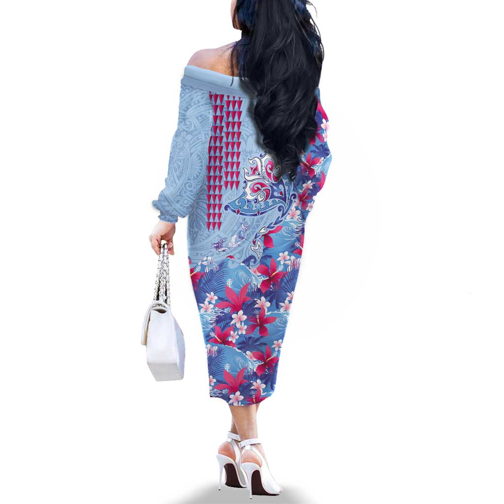 Hawaiian Tribal Manta Ray Family Matching Off The Shoulder Long Sleeve Dress and Hawaiian Shirt Kakau Tattoo and Flowers Surfing Waves Pattern Soft Color