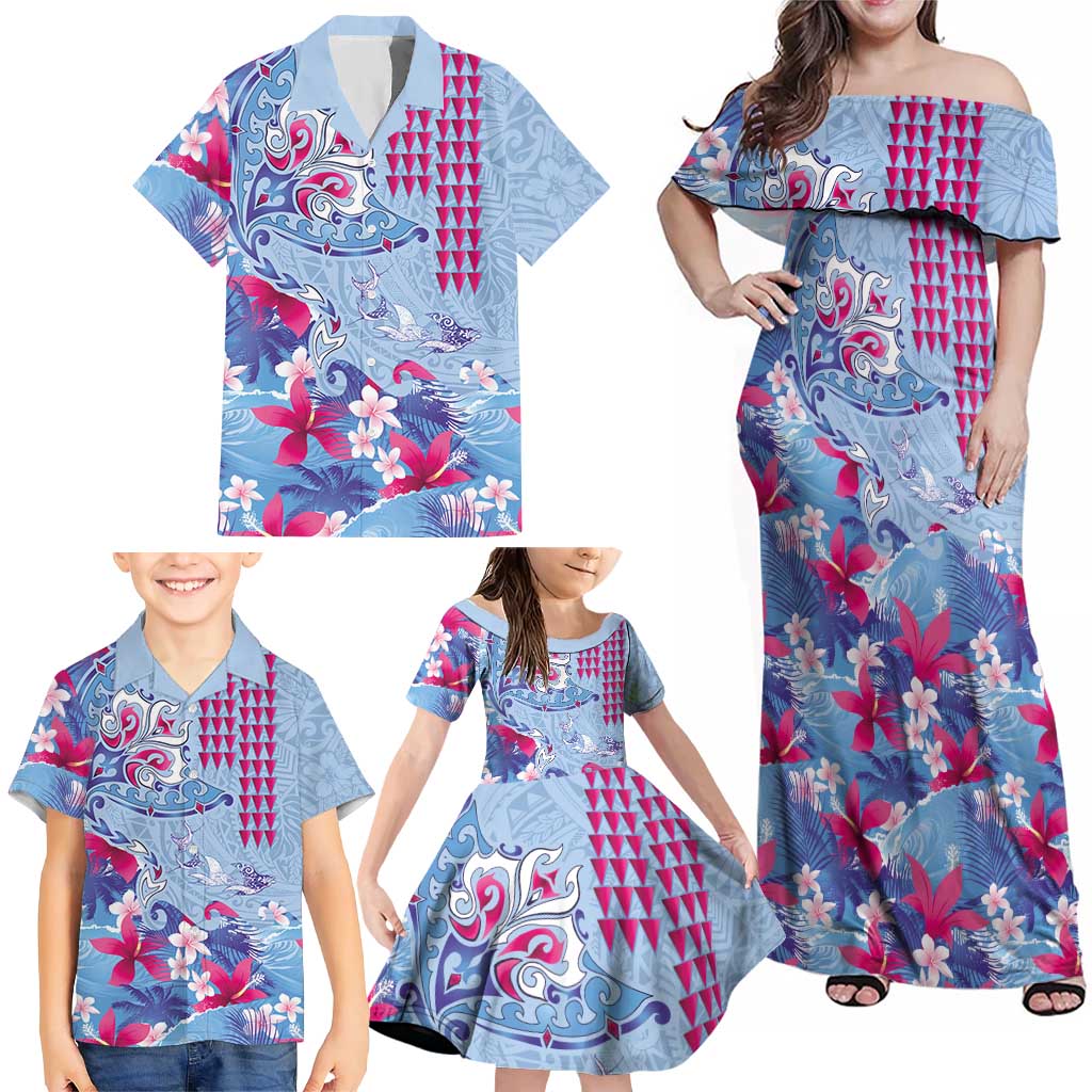 Hawaiian Tribal Manta Ray Family Matching Off Shoulder Maxi Dress and Hawaiian Shirt Kakau Tattoo and Flowers Surfing Waves Pattern Soft Color