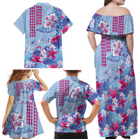 Hawaiian Tribal Manta Ray Family Matching Off Shoulder Maxi Dress and Hawaiian Shirt Kakau Tattoo and Flowers Surfing Waves Pattern Soft Color