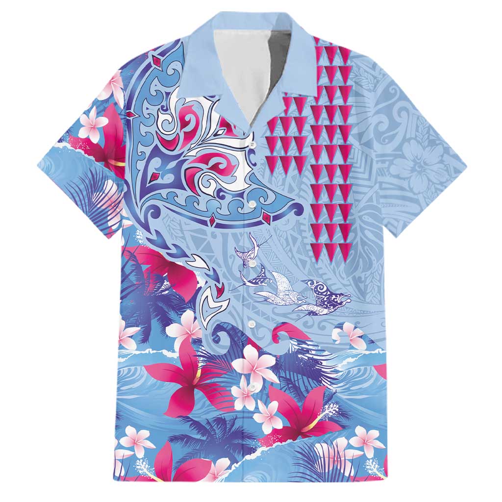 Hawaiian Tribal Manta Ray Family Matching Off Shoulder Maxi Dress and Hawaiian Shirt Kakau Tattoo and Flowers Surfing Waves Pattern Soft Color