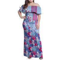 Hawaiian Tribal Manta Ray Family Matching Off Shoulder Maxi Dress and Hawaiian Shirt Kakau Tattoo and Flowers Surfing Waves Pattern Soft Color