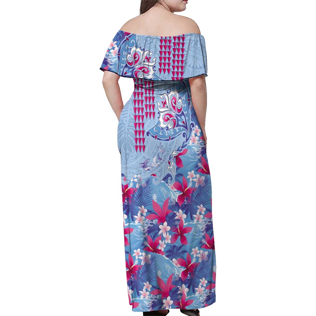 Hawaiian Tribal Manta Ray Family Matching Off Shoulder Maxi Dress and Hawaiian Shirt Kakau Tattoo and Flowers Surfing Waves Pattern Soft Color