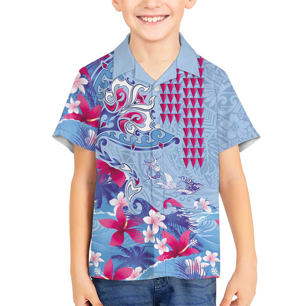 Hawaiian Tribal Manta Ray Family Matching Off Shoulder Maxi Dress and Hawaiian Shirt Kakau Tattoo and Flowers Surfing Waves Pattern Soft Color