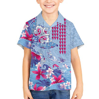 Hawaiian Tribal Manta Ray Family Matching Off Shoulder Maxi Dress and Hawaiian Shirt Kakau Tattoo and Flowers Surfing Waves Pattern Soft Color