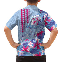 Hawaiian Tribal Manta Ray Family Matching Off Shoulder Short Dress and Hawaiian Shirt Kakau Tattoo and Flowers Surfing Waves Pattern Soft Color