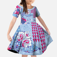 Hawaiian Tribal Manta Ray Family Matching Off Shoulder Short Dress and Hawaiian Shirt Kakau Tattoo and Flowers Surfing Waves Pattern Soft Color