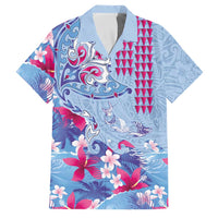 Hawaiian Tribal Manta Ray Family Matching Off Shoulder Short Dress and Hawaiian Shirt Kakau Tattoo and Flowers Surfing Waves Pattern Soft Color
